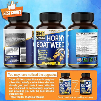 VEGATOT 8 in 1 High Strength Horny Goat Weed 15,420MG Concentrated Extract with Yohimbine Tongkat Ali Maca Root Fenugreek Boost Energy Stamina 3-Month Supply (90 Count (Pack of 1))