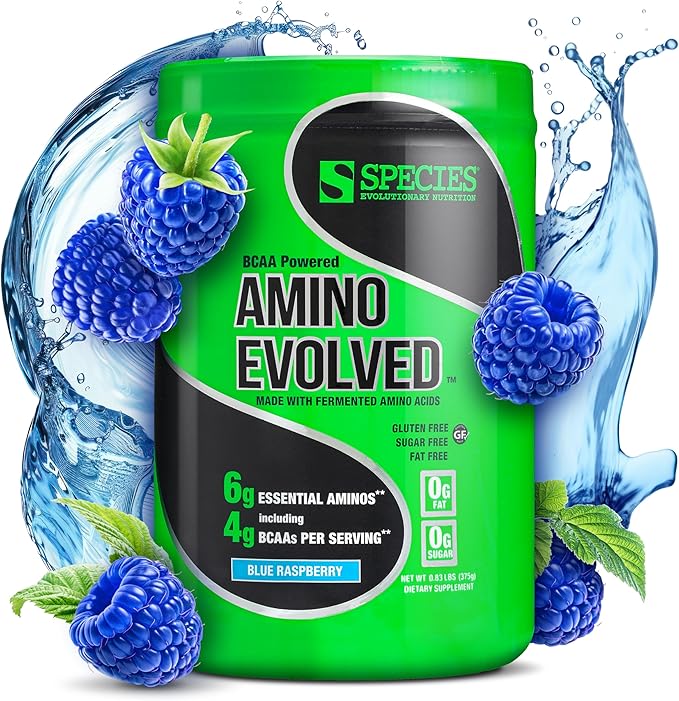 Species Nutrition Amino Evolved EAA & BCAA Powder, Fermented Amino Acids, Branched Chain Amino Acid Muscle Recovery & Endurance, Pre & Post Workout Supplement (Blue Raspberry, 30 Servings)