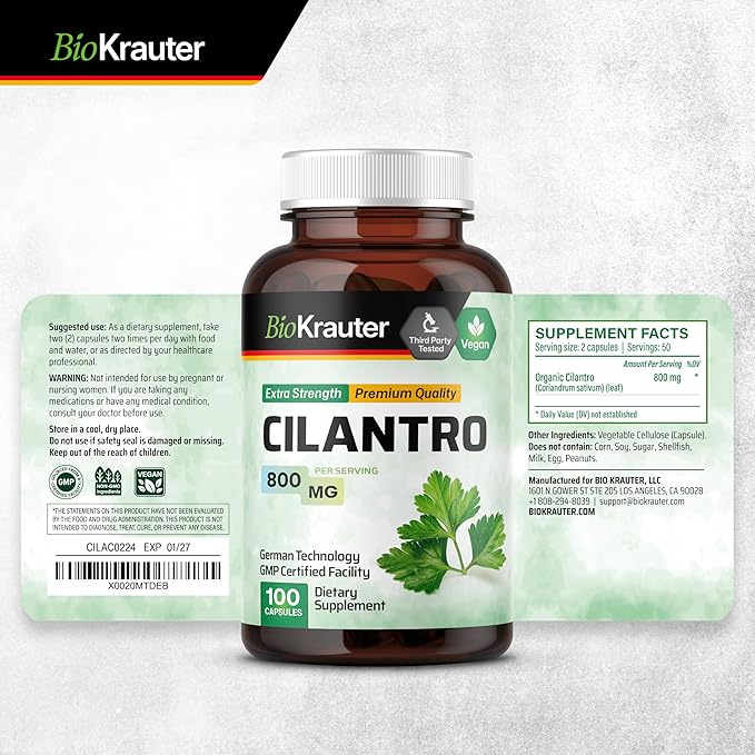 BIO KRAUTER Cilantro Supplement - Cilantro Capsules - Rich Source of Antioxidants - Natural Cleansing & Detox - Cilantro Powder 100 Vegan Caps
