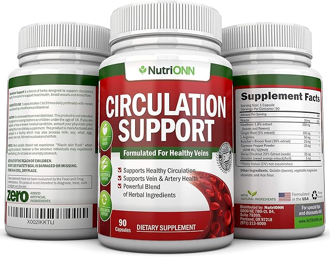 Blood Circulation Support - All Herbal Supplement For Healthy Blood Flow, Arteries & Veins - Promotes Leg Comfort - With Hawthorn, Niacin, L-Arginine, Butcher’s Broom, Cayenne Pepper, Horse Chestnut