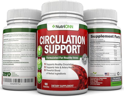 Blood Circulation Support - All Herbal Supplement For Healthy Blood Flow, Arteries & Veins - Promotes Leg Comfort - With Hawthorn, Niacin, L-Arginine, Butcher’s Broom, Cayenne Pepper, Horse Chestnut