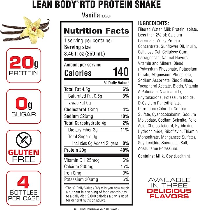 Lean Body Ready-to-Drink Vanilla Protein Shake, 20g Protein, Whey Blend, 0 Sugar, Gluten Free, 22 Vitamins & Minerals, (Recyclable Carton & Lid - Pack of 4)