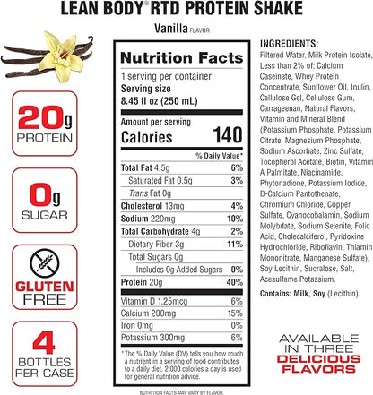 Lean Body Ready-to-Drink Vanilla Protein Shake, 20g Protein, Whey Blend, 0 Sugar, Gluten Free, 22 Vitamins & Minerals, (Recyclable Carton & Lid - Pack of 4)