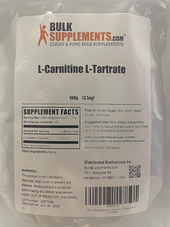 BulkSupplements.com L-Carnitine Tartrate Powder - Carnitine Supplement, L-Carnitine L-Tartrate, L Carnitine 1000mg - Unflavored & Gluten Free, 1000mg per Serving, 100g (3.5 oz) (Pack of 1)
