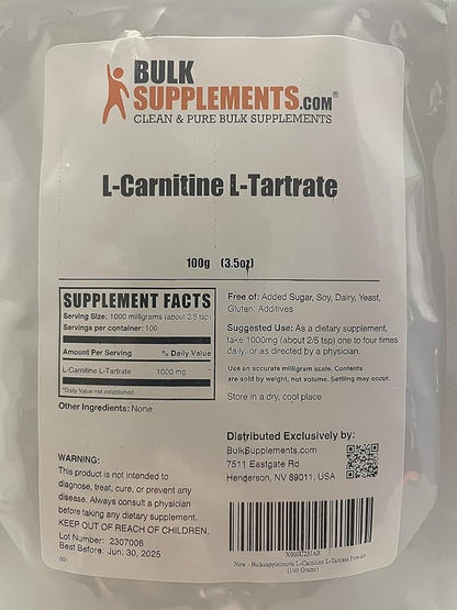 BulkSupplements.com L-Carnitine Tartrate Powder - Carnitine Supplement, L-Carnitine L-Tartrate, L Carnitine 1000mg - Unflavored & Gluten Free, 1000mg per Serving, 100g (3.5 oz) (Pack of 1)