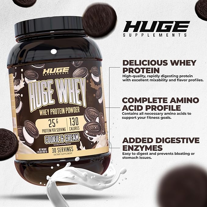 Huge Whey, Protein Powder for Muscle Gain, 25g Protein, 12g EAAs, Supports Muscle Growth, Performance & Recovery (Cookie & Cream, 30 Servings)
