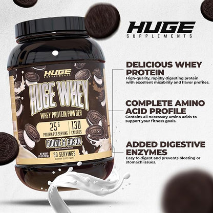 Huge Whey, Protein Powder for Muscle Gain, 25g Protein, 12g EAAs, Supports Muscle Growth, Performance & Recovery (Cookie & Cream, 30 Servings)