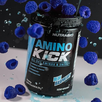 NutraBio Amino Kick - Amino Acid Energy Formula - BCAA's, Electrolytes for Hydration, Natural Caffeine 30 Servings (Blue Raspberry)