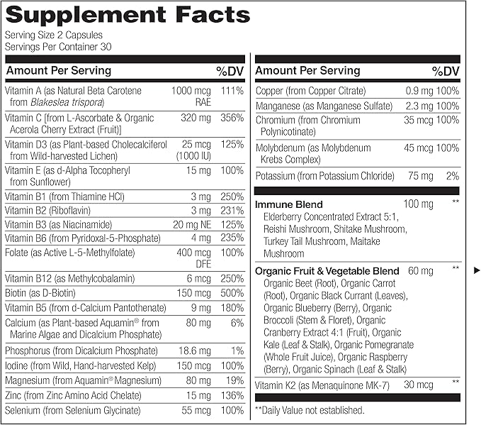 NATURELO Whole Food Multivitamin + Immune Blend with Elderberry & Mushrooms - Complete Multivitamin with Extra Immune Support - C, D3, Zinc, Elderberry, Reishi, Shitake - 60 Vegan Capsules