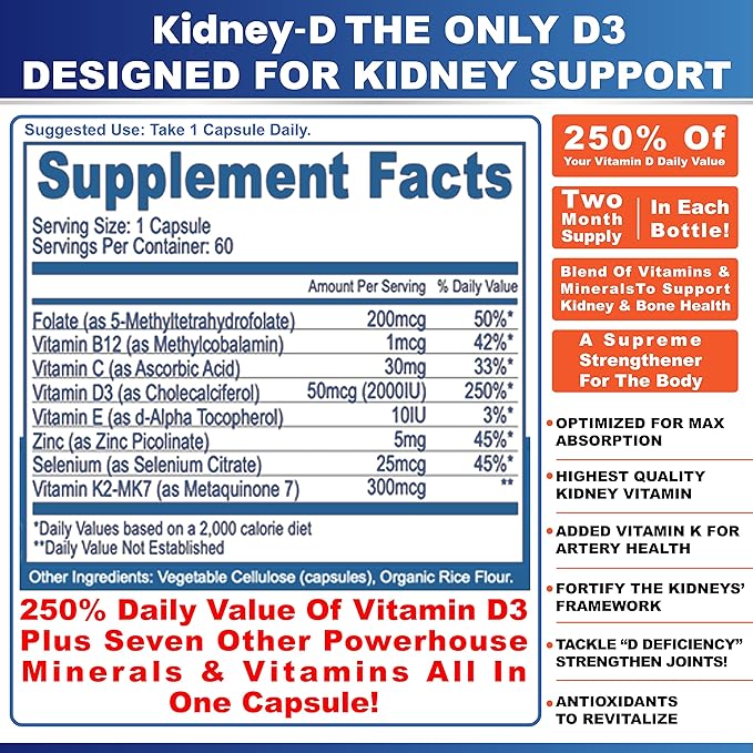 Kidney-D Kidney Supplement. Vitamin D Optimized for Kidney Support. Vitamin D3 and 7 Kidney Vitamins and Nutrients Designed for Kidney Health and More