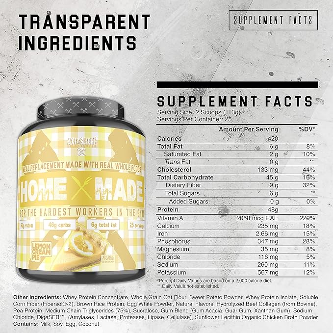 Axe & Sledge Supplements Home Made Whole-Foods-Based Meal Replacement Powder with DigeSEB Digestive Enzymes and Fibersol-2, Protein, Carbohydrates, and Fats, 25 Servings (Lemon Cream Pie)