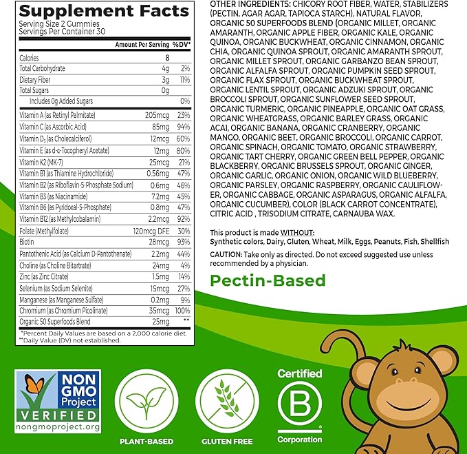 Orgain Kids Sugar Free Multivitamin Gummies, Vegan & Plant Based, 50 Superfoods, 15 Vitamins and Minerals, Immune Support and 3g of Fiber, Mixed Berry, Ages 4+, 1 Month Supply (60 Gummies)
