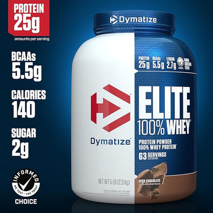 Dymatize Elite 100% Whey Protein Powder, 25g Protein, 5.5g BCAAs & 2.7 L-Leucine, Quick Absorbing & Fast Digesting for Optimal Muscle Recovery, Rich Chocolate, 5 Pound, 63 Servings