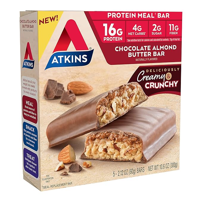 Atkins Soft Baked Energy Bars, Blueberry, 15g Protein,2g Sugar, Excellent Source of Fiber, Low Carb, 4 Packs (5 Bars Each) & Chocolate Almond Butter Protein Meal Bar, Keto Friendly, 5 Count