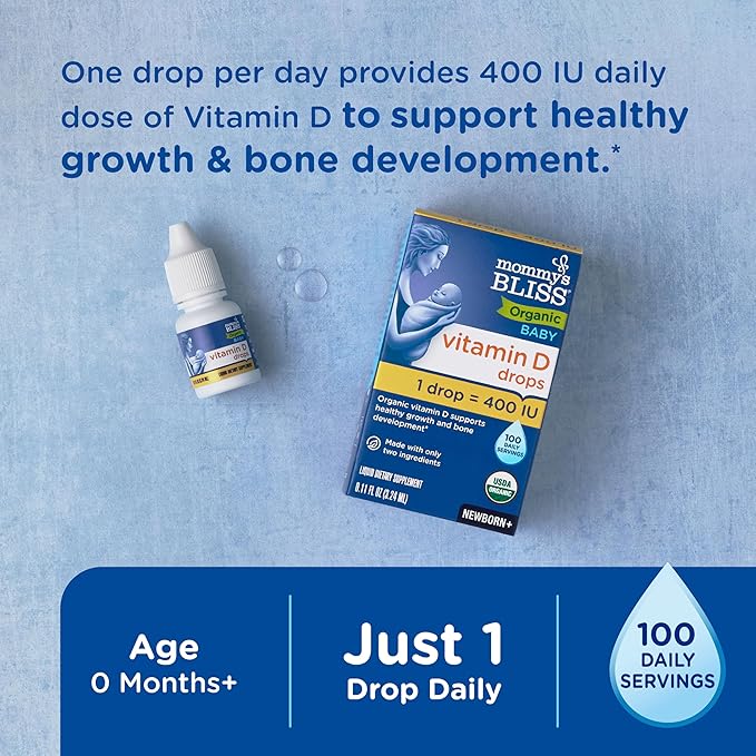 Mommy's Bliss Organic Baby Vitamin D Drops | Promotes Healthy Growth and Bone Development | Age Newborn+ | 0.11 Fl Oz (100 Servings) | Pack of 2