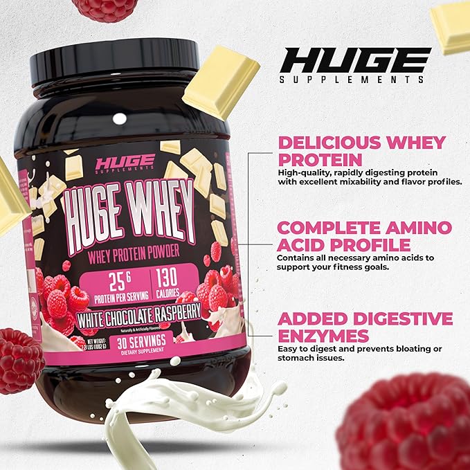 Huge Whey, Protein Powder for Muscle Gain, 25g Protein, 12g EAAs, Supports Muscle Growth, Performance & Recovery (White Chocolate Raspberry, 30 Servings)