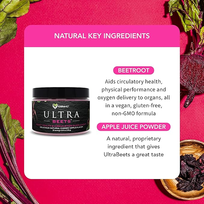 KaraMD UltraBeets - Beetroot Superfood Powder - Heart Health, Circulation & Energy Supplement - Supports Nitric Oxide Production - Cherry Apple Flavored Drink Mix - 30 Servings