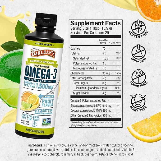 Barlean's Citrus Sorbet High Potency Omega 3 Fish Oil Liquid Supplement, 1500mg of EPA & DHA Fatty Acid, Smoothie Flavored & Burpless for Brain, Joint, & Heart Health, 16 oz