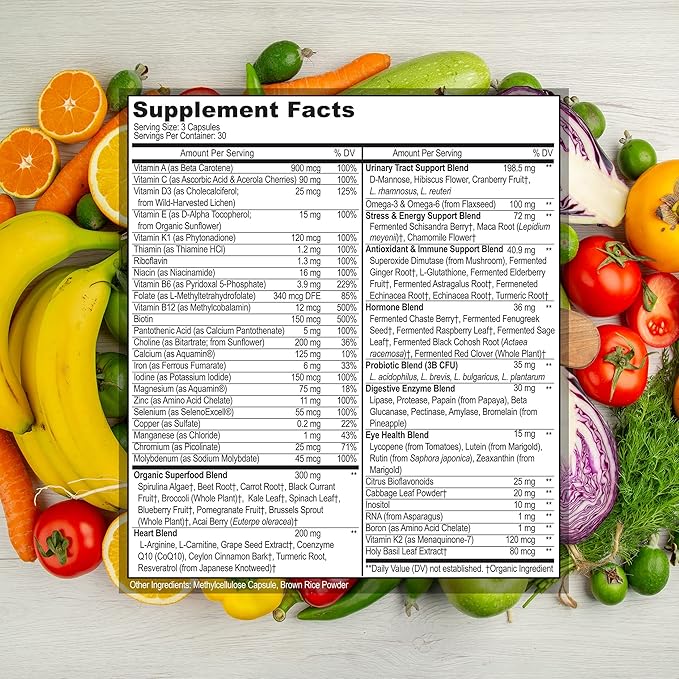 Daily Multivitamin for Women with Iron - Womens Multivitamin with 44 Organic Whole Food & Fermented Nutrients - Daily Vitamin for Women Complete Multisystem Support, 90 Vegan Caps, Non GMO