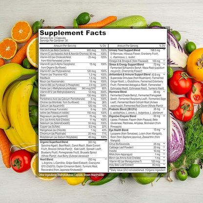 Daily Multivitamin for Women with Iron - Womens Multivitamin with 44 Organic Whole Food & Fermented Nutrients - Daily Vitamin for Women Complete Multisystem Support, 90 Vegan Caps, Non GMO