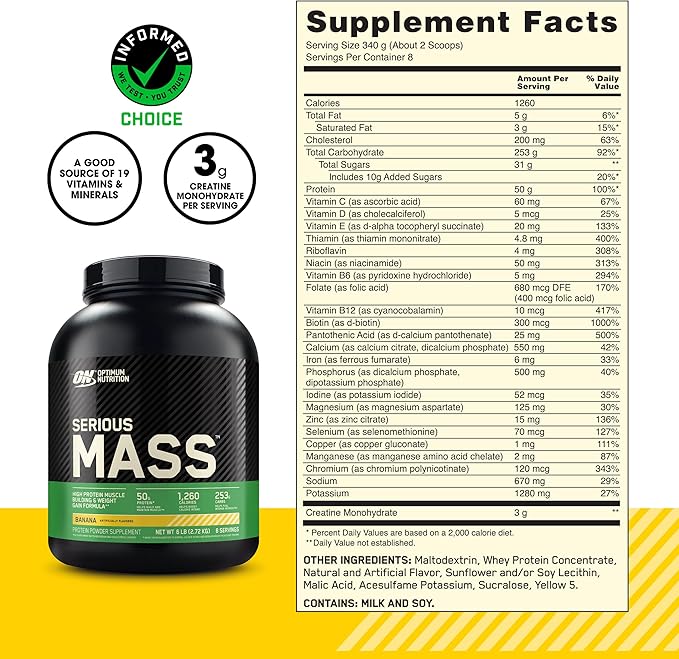 Optimum Nutrition Serious Mass, Weight Gainer Protein Powder, Mass Gainer, Vitamin C and Zinc for Immune Support, Creatine, Banana, 6 Pound (Packaging May Vary)