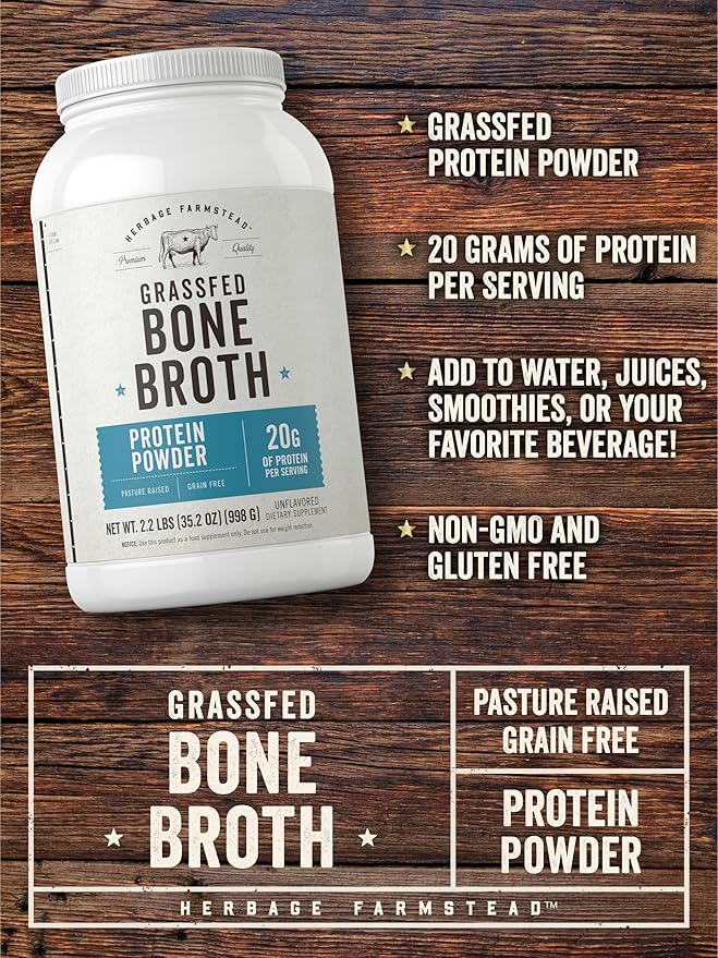 Carlyle Grass Fed Bone Broth Protein Powder | 35.2 oz (2.2lb) | 20g Protein | Pasture Raised, Grain Free Supplement | Non-GMO & Gluten Free | by Herbage Farmstead