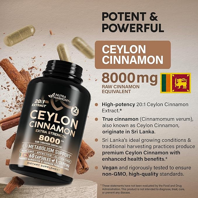 Ceylon Cinnamon Capsules - Extra Strength - Energy, Heart & Metabolism Support - for Men & Women - Pure Natural Extract 20:1 Supplement - Made in USA - GMO & Gluten Free, 60 Capsules, 2 Month Supply