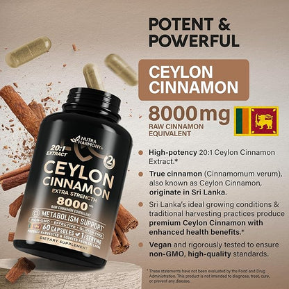 Ceylon Cinnamon Capsules - Extra Strength - Energy, Heart & Metabolism Support - for Men & Women - Pure Natural Extract 20:1 Supplement - Made in USA - GMO & Gluten Free, 60 Capsules, 2 Month Supply