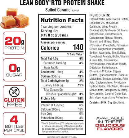 Lean Body Ready-to-Drink Salted Caramel Protein Shake, 20g Protein, Whey Blend, 0 Sugar, Gluten Free, 22 Vitamins & Minerals, (Recyclable Carton & Lid - Pack of 4)