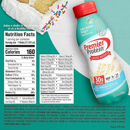 Premier Protein Shake, Cake Batter, 30g Protein, 1g Sugar, 24 Vitamins & Minerals, Nutrients to Support Immune Health, 11.5 Fl Oz, 12 Count