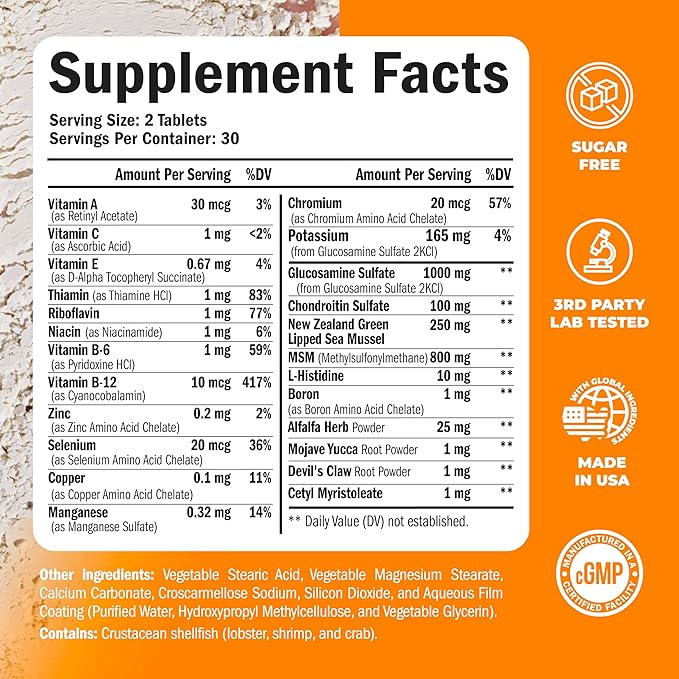 Glucosamine Chondroitin MSM Joint Support Supplement with Glucosamine Sulfate 1000 mg Plus 15 Nourishing Joint Vitamins - Joint Health Chondroitin Sulfate MSM Supplement for Women and Men - 60 Tablets