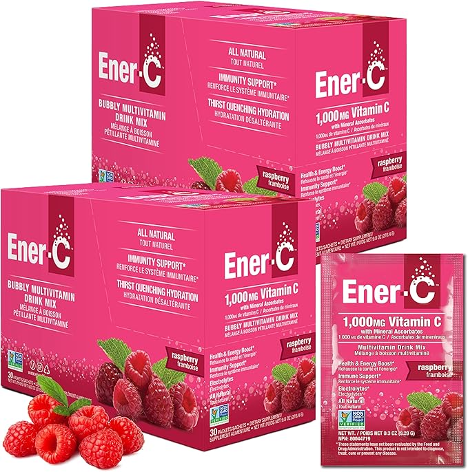 Ener-C Raspberry Multivitamin Drink Mix Powder Vitamin C 1000mg & Electrolytes with Real Fruit Juice Natural Energy & Immune Support for Women & Men - Non-GMO Vegan & Gluten Free - 60 Count
