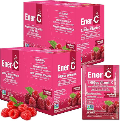Ener-C Raspberry Multivitamin Drink Mix Powder Vitamin C 1000mg & Electrolytes with Real Fruit Juice Natural Energy & Immune Support for Women & Men - Non-GMO Vegan & Gluten Free - 60 Count