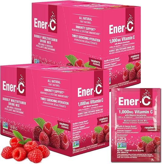 Ener-C Raspberry Multivitamin Drink Mix Powder Vitamin C 1000mg & Electrolytes with Real Fruit Juice Natural Energy & Immune Support for Women & Men - Non-GMO Vegan & Gluten Free - 60 Count