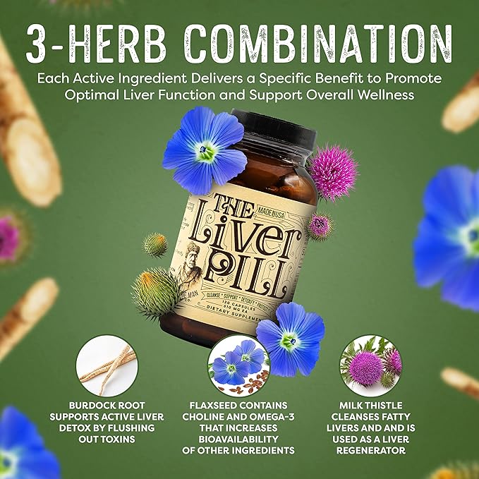 The Liver Pill 120 Capsules - Herbal Liver Cleanse Detox & Repair Pills with Burdock Root, Milk Thistle, Rosemary, and Flax Seed - Non-GMO, Organic, and Natural Liver Detox Pills for Men and Women