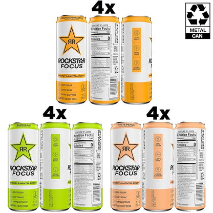 Rockstar Focus, 3 Flavor Variety Pack (White Peach, Lemon Lime, Orange Pineapple), 12 Fl Oz Cans (Pack of 12)