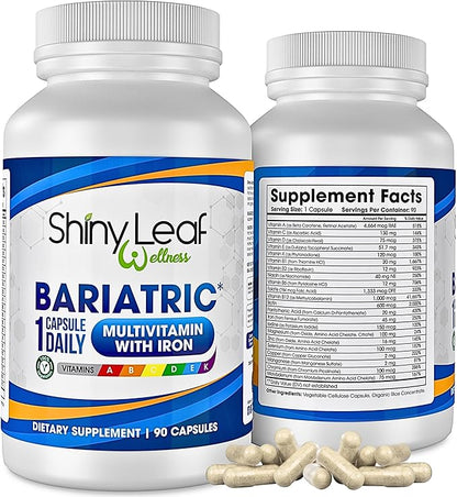 Shiny Leaf Bariatric Multivitamin with Iron - 45mg Iron, 90 Capsules, Post WLS Support, for Gastric Sleeve, Bypass and Mini Bypass, High Potency Daily Vitamins, for Women and Men,3 Months Supply