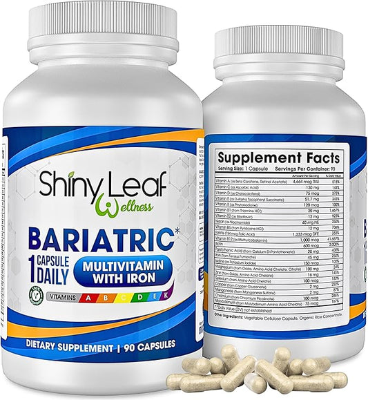 Shiny Leaf Bariatric Multivitamin with Iron - 45mg Iron, 90 Capsules, Post WLS Support, for Gastric Sleeve, Bypass and Mini Bypass, High Potency Daily Vitamins, for Women and Men,3 Months Supply