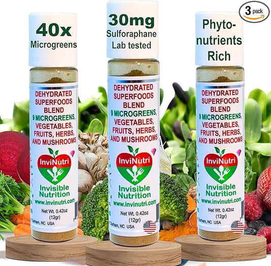 InviNutri Superfoods Powder Solution for ARFID Special Needs Picky Eaters. Microgreens Veggies Fruits Mushrooms, Turmeric. Invisible 40x Nutrient-Rich 30mg Sulforaphane Vitamin Supplement 72 Servings
