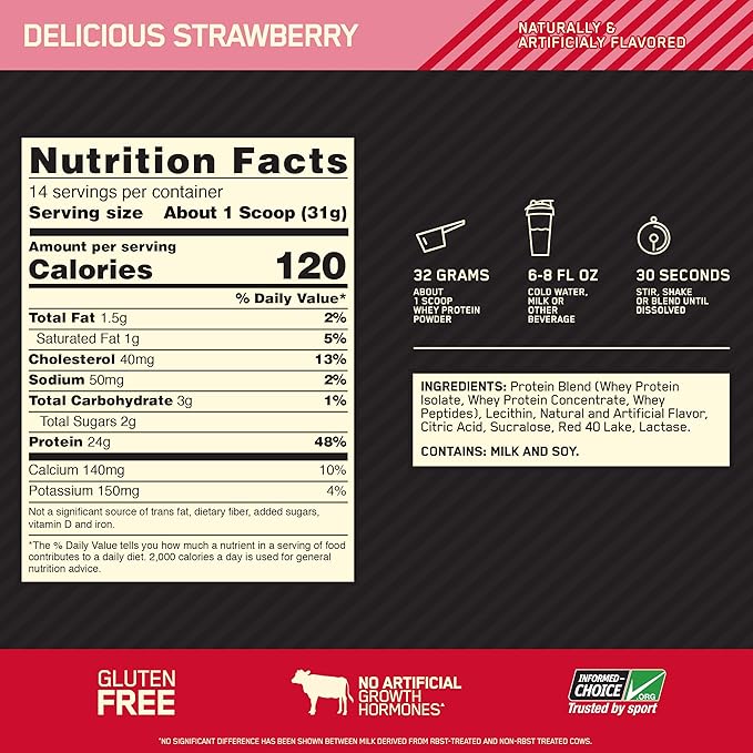 Optimum Nutrition Gold Standard 100% Whey Protein Powder, Strawberry, 1 Pound (Packaging May Vary)