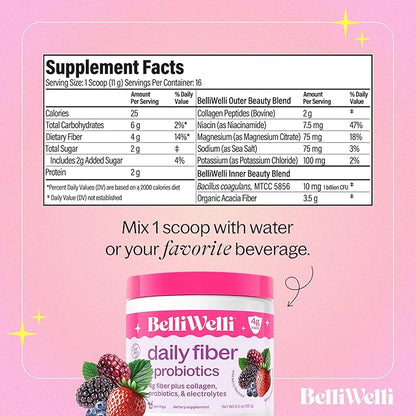 Daily Fiber Supplement Powder with Collagen, Probiotics & Electrolytes | Supports Digestive Health, Gut Balance & Debloating | Wild Berry | 16 Servings