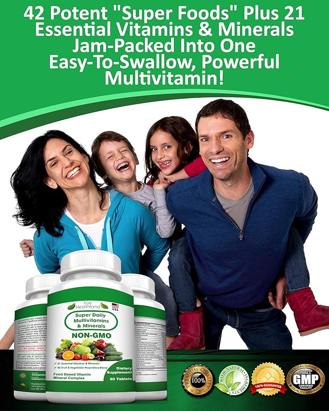 NON GMO Super Daily Multivitamin Supplement Tablets Best For Adult Men Women Seniors With 42 Natural Fruits Vegetables Blend, 21 Essential Vitamins Minerals. 90 Tablets. Vegan Coating Made in USA