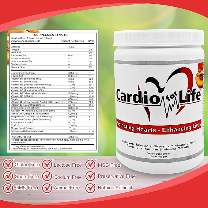 Cardio for Life - L-Arginine Powder 16oz. - Natural Nitric Oxide Supplement - Peach