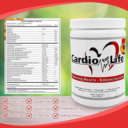 Cardio for Life - L-Arginine Powder 16oz. - Natural Nitric Oxide Supplement - Peach