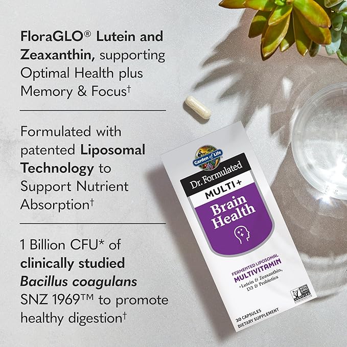 Garden of Life Dr Formulated Multi+ Brain Health, Fermented Liposomal Multivitamin + Lutein & Zeaxanthin, Vitamin D3 & Probiotics - Memory & Focus Support, Digestive & Immune Health, 30 Capsules