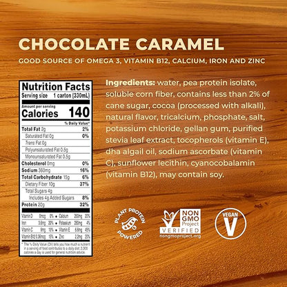 Evolve Plant Based Protein Shake, Chocolate Caramel, 20g Vegan Protein, Dairy Free, No Artificial Sweeteners, Non-GMO, 10g Fiber, 11oz, (12 Pack)