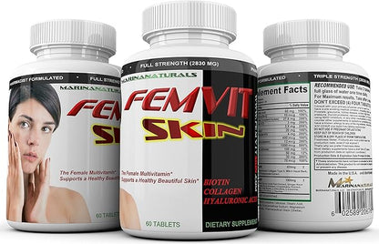 FEMVIT Skin Multivitamin, Multi-Minerals & Herbal Extracts for Younger Skin. Anti Aging, Anti Wrinkle with Collagen, Hyaluronic Acid and Biotin. 60 Tablets (Not a Cream)