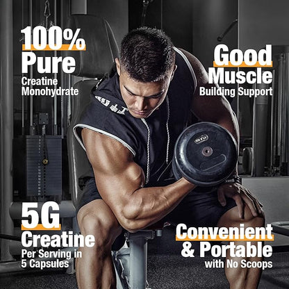 Micronized Creatine Monohydrate Capsules, Creatine Capsules Supplement for Muscle, Strength, Performance, Energy, Recovery, Gluten Free Creatine for Women and Men, 200Capsules (40 Servings)