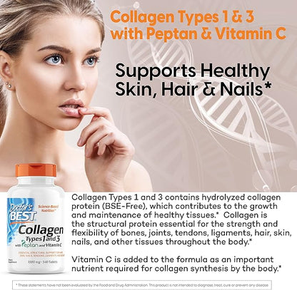 Doctor's Best Collagen Types 1 & 3 with Peptan, Non-GMO, Gluten Free, Soy Free, Supports Hair, Skin, Nails, Tendons & Bones, 1000 Mg, 540 Tablets