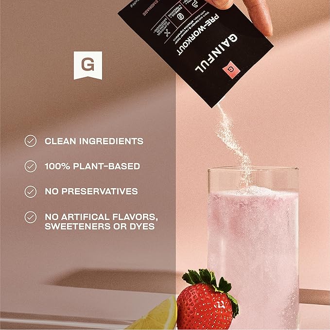 Gainful Pre Workout Powder with Natural Caffeine & L Theanine for Energy & Focus, L Citrulline & Beta Alanine for Endurance, BCAA's for Muscle Recovery, Vegan, Strawberry Lemonade, 10 Ct